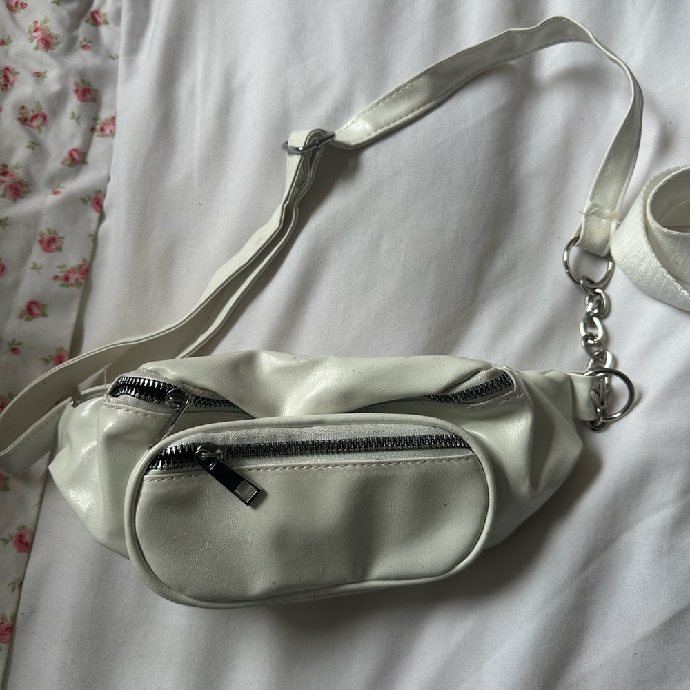 White Faux Leather Belt Bag Fanny Pack with Chain Detail Crossbody Sling
